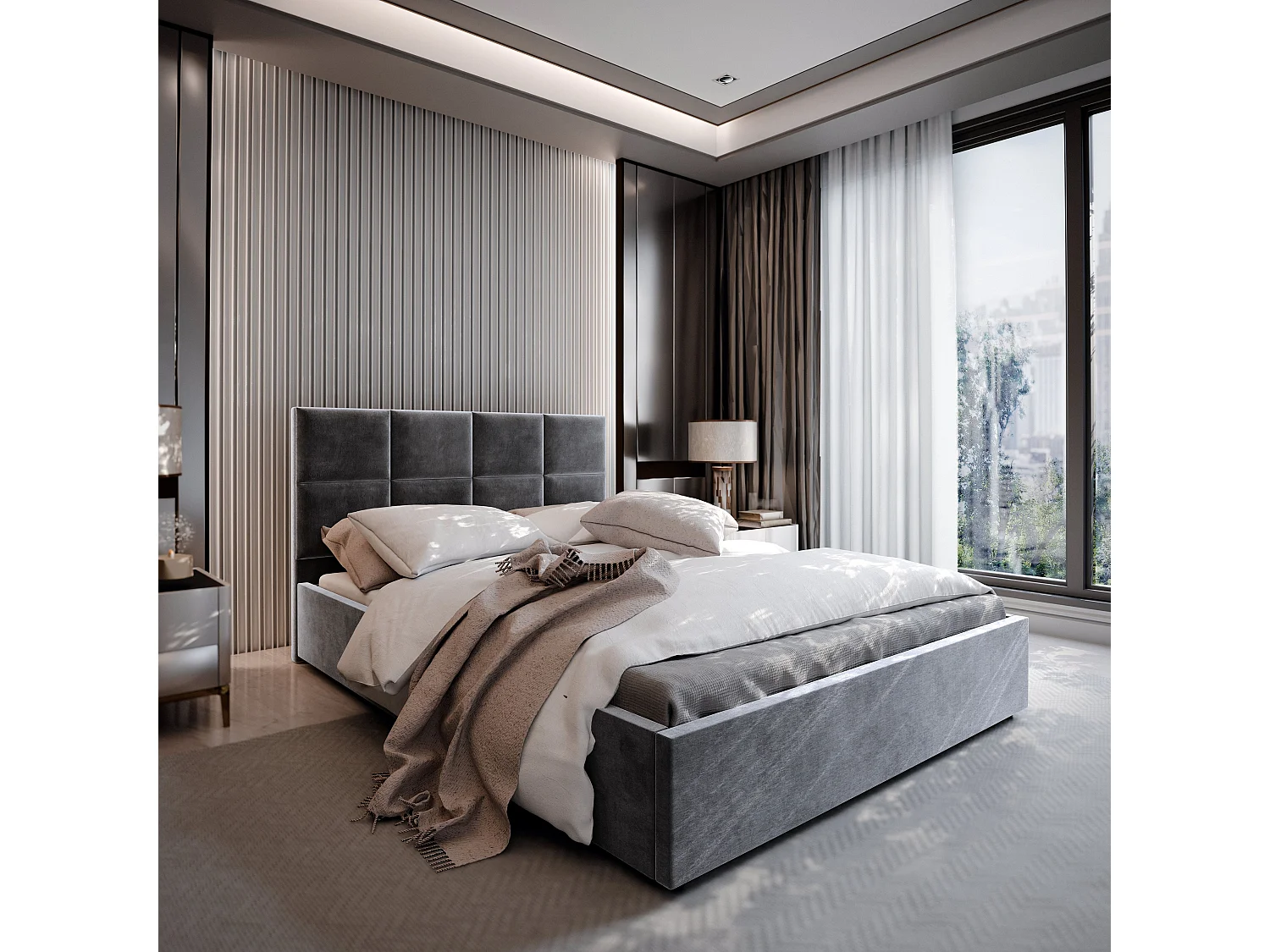 Gestoffeerd bed LIMENA 180x200 cm - Pluche stof - Grijs