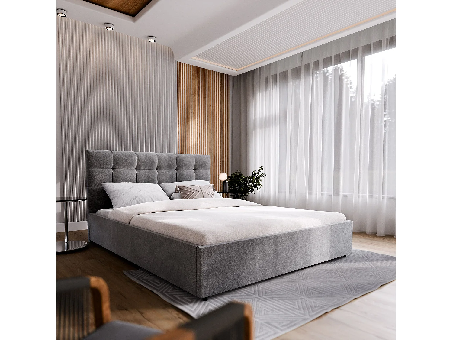 Gestoffeerd bed APE 140x200 cm - Geweven stof - Grijs