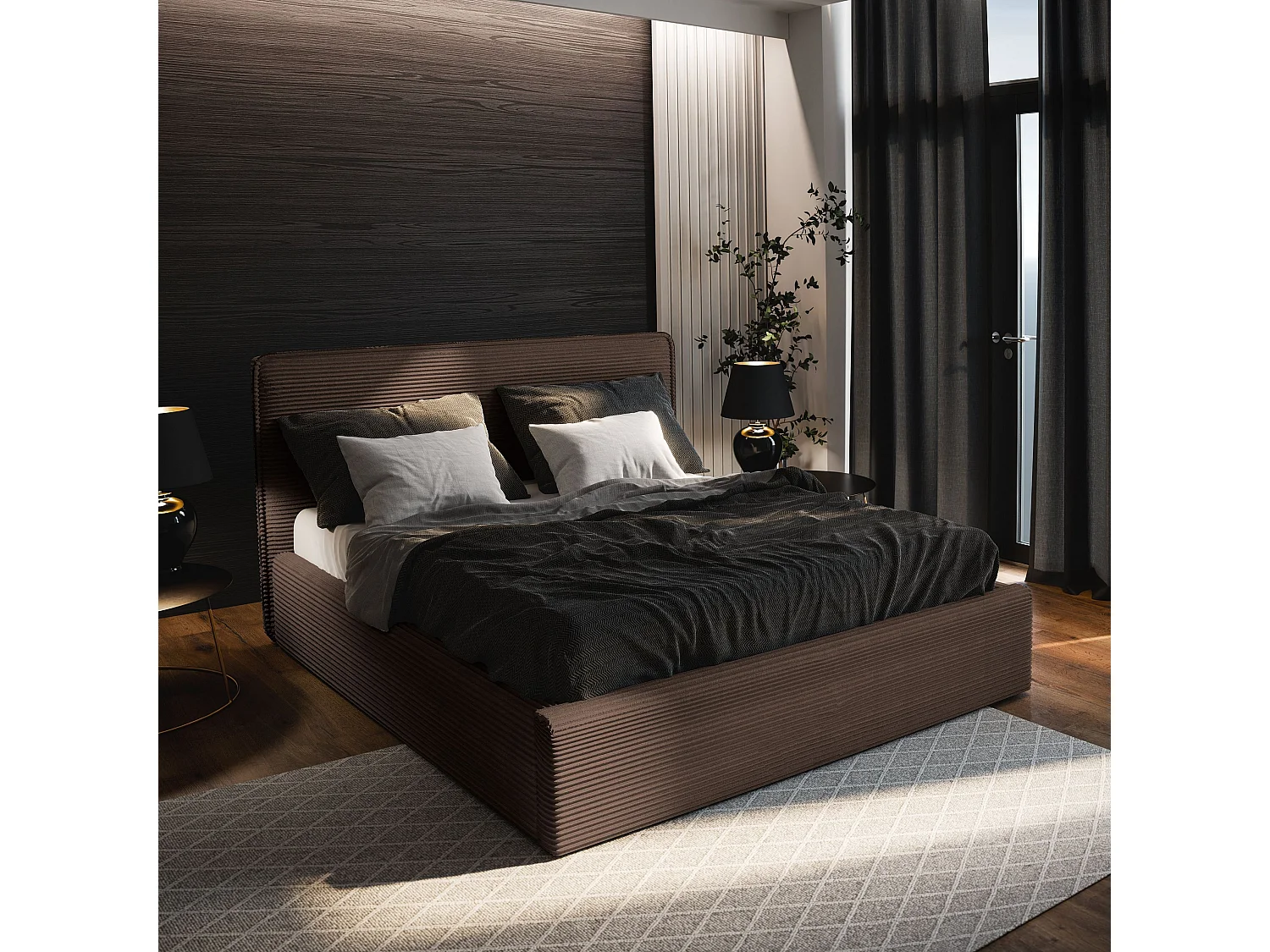 Lit Coffre PARMA 160x200 cm - Velours côtelé - Marron