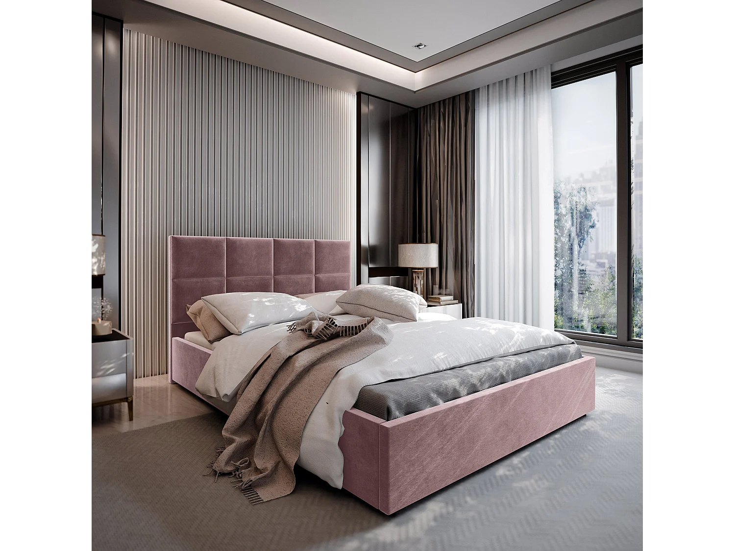 Lit Coffre LIMENA 160x200 cm - Tissu peluche - Rose poudré