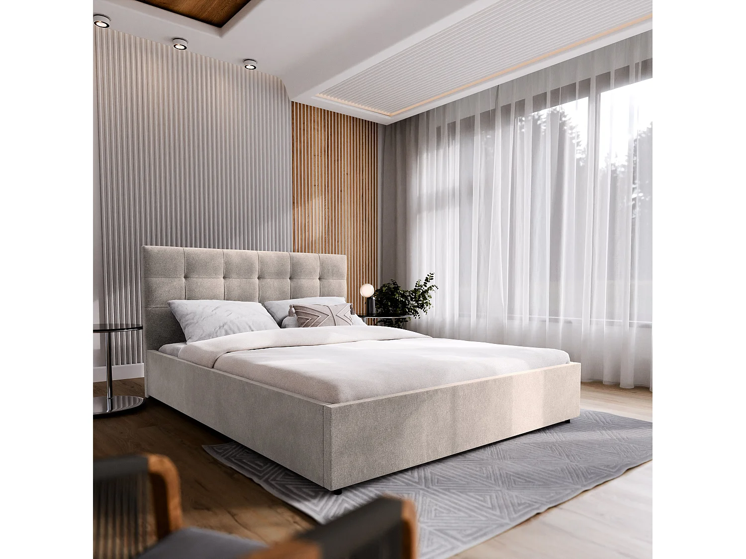 Gestoffeerd bed APE 180x200 cm - Geweven stof - Beige