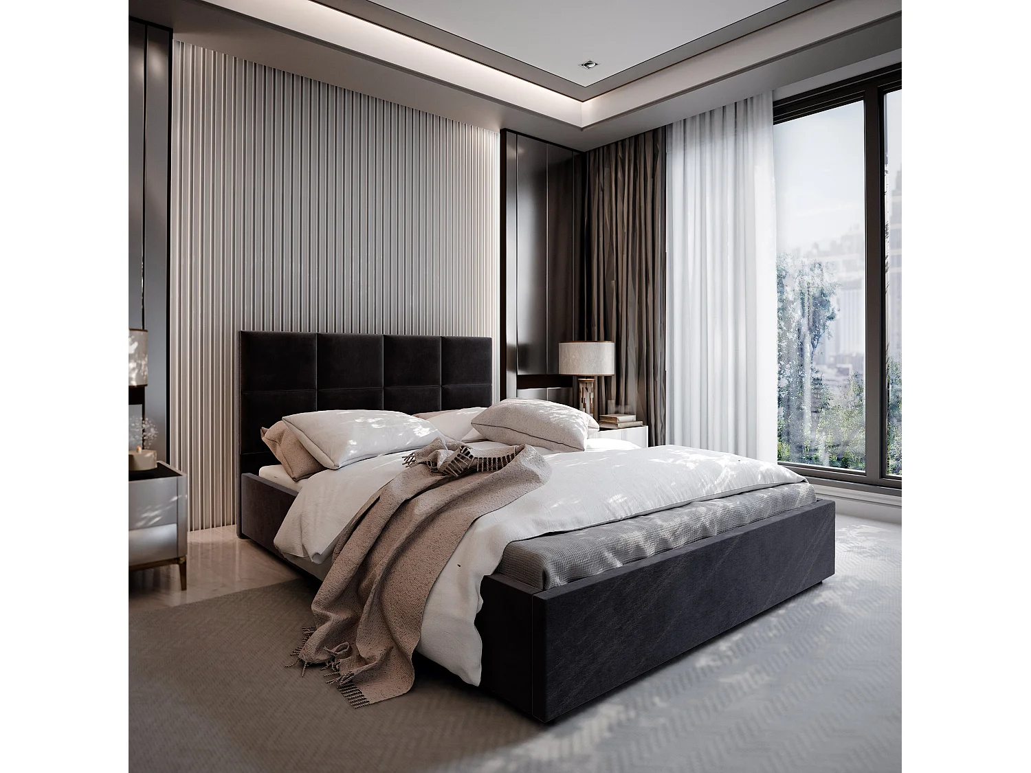 Gestoffeerd bed LIMENA 180x200 cm - Pluche stof - Zwart