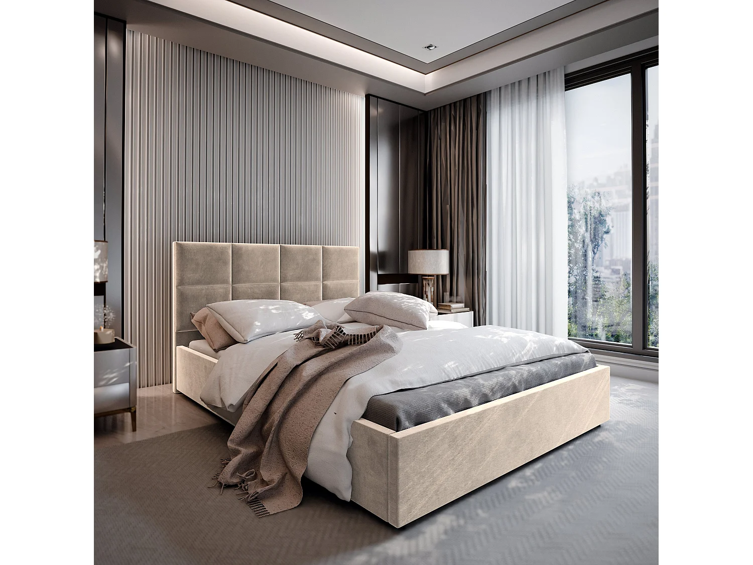 Gestoffeerd bed LIMENA 180x200 cm - Pluche stof - Beige