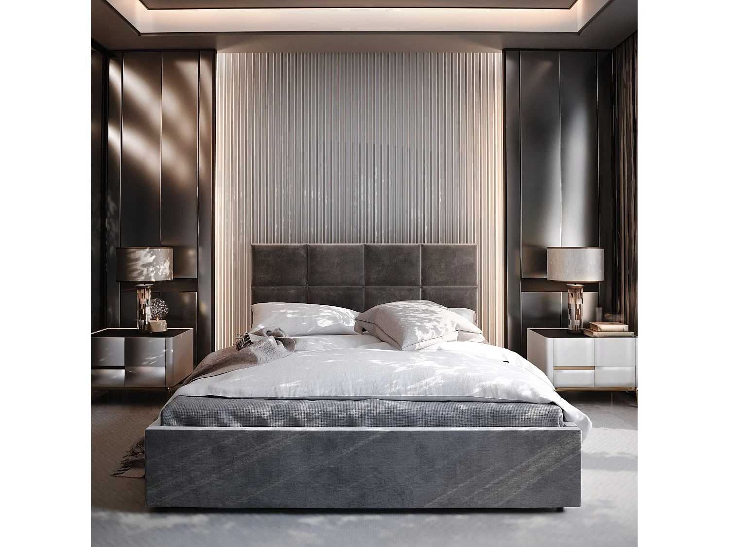 Gestoffeerd bed LIMENA 180x200 cm - Pluche stof - Beige