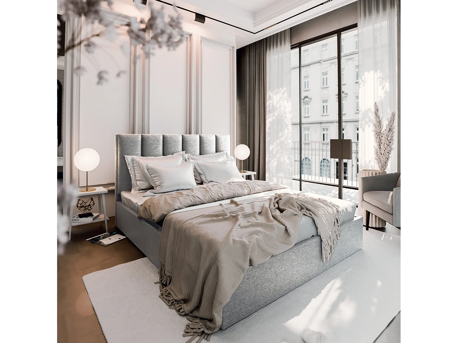 Lit Coffre LURE 140x200 cm - Tissu tissé - Gris clair