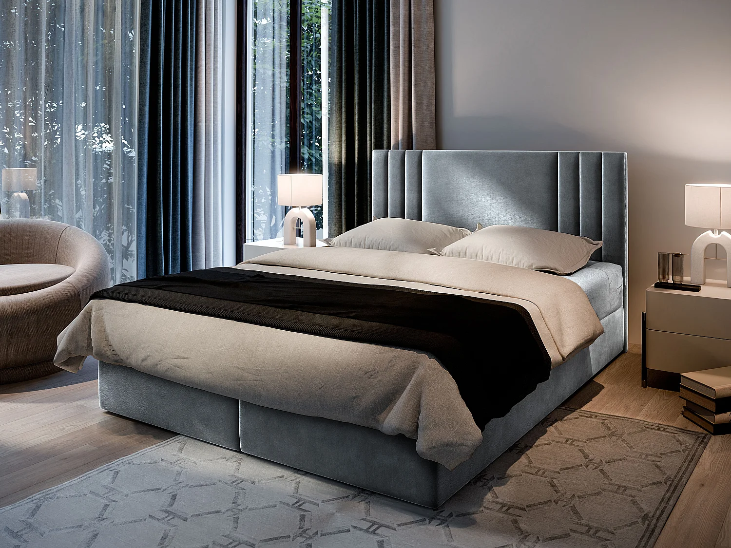 Boxspringbed BRES 160x200 cm Set met hoofdbord, bedbodem en matras, Lichtgrijs