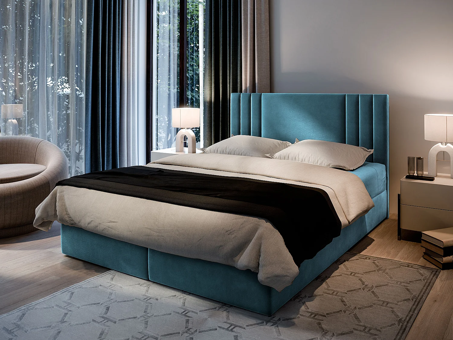 Boxspringbed BRES 180x200 cm Set met hoofdbord, bedbodem en matras, Groenblauw