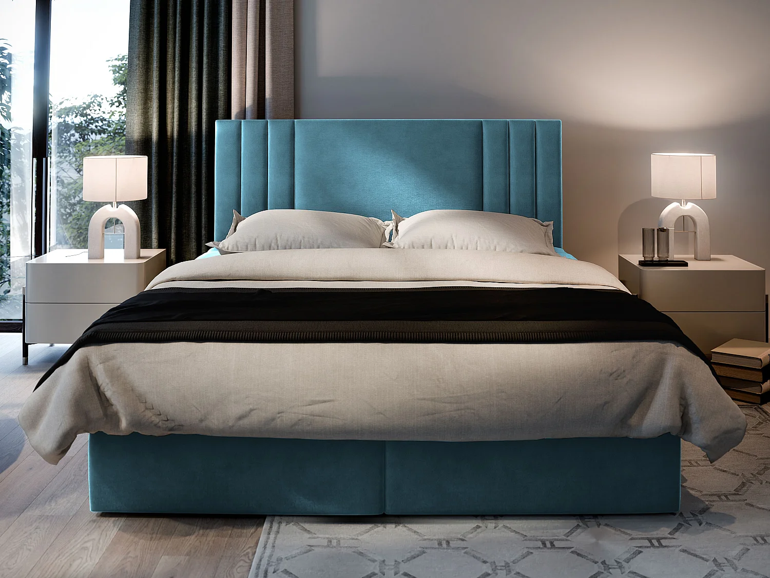 Boxspringbed BRES 180x200 cm Set met hoofdbord, bedbodem en matras, Groenblauw