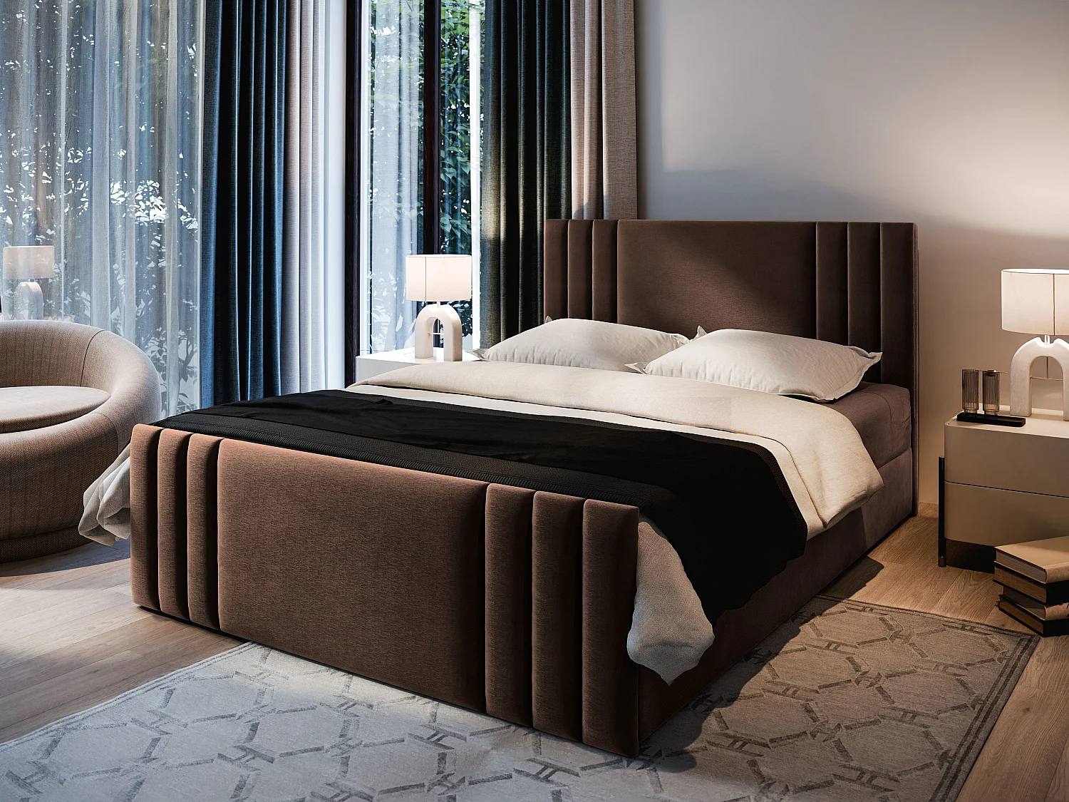 Boxspringbed KANES 180x200 cm Set met hoofdbord, bedbodem en matras, Bruin