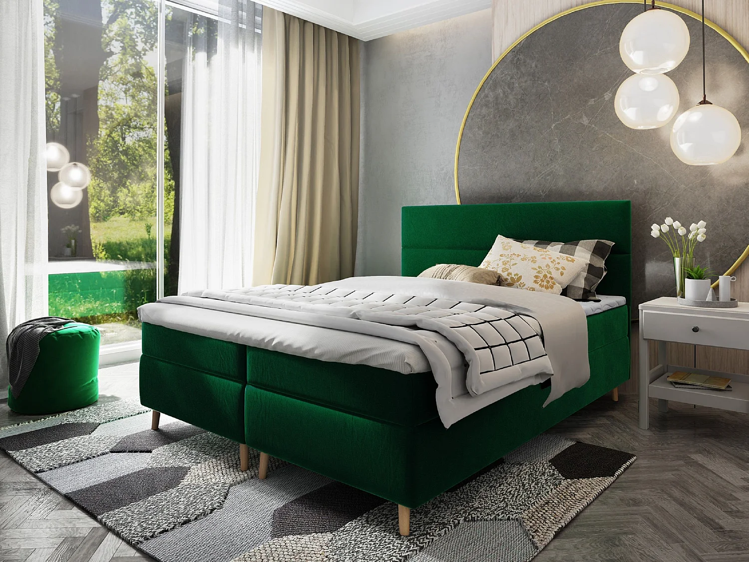 Boxspringbed SANTA 180x200 cm Set met hoofdbord, bedbodem en matras, Dennengroen