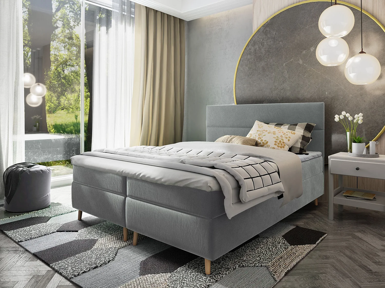 Boxspringbed SANTA 140x200 cm Set met hoofdbord, bedbodem en matras, Lichtgrijs