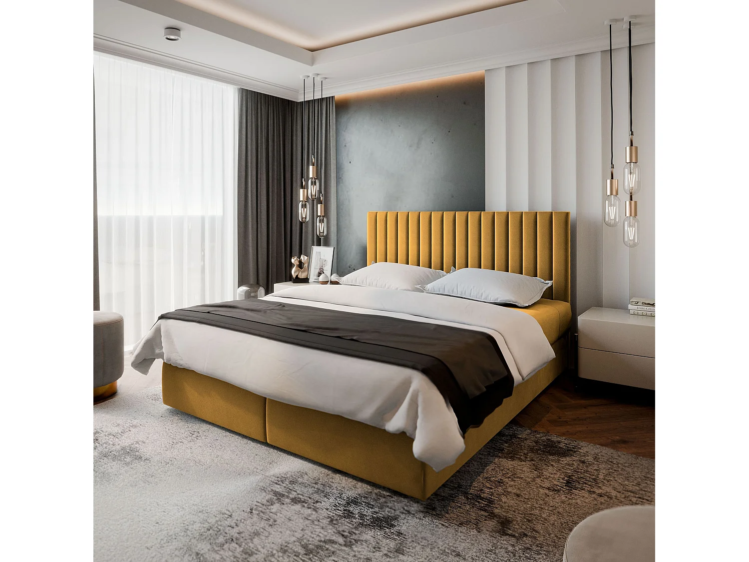 Boxspringbed BRESEL 140x200 cm Set met hoofdbord, bedbodem en matras, Geel