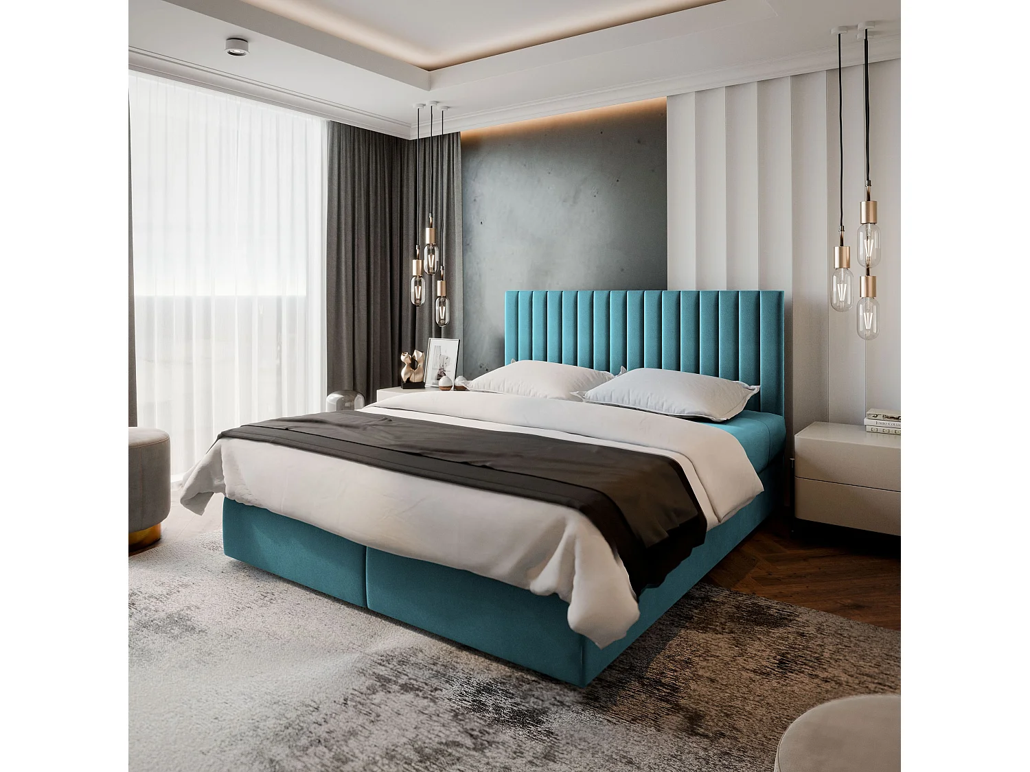 Boxspringbed BRESEL 160x200 cm Set met hoofdbord, bedbodem en matras, Groenblauw