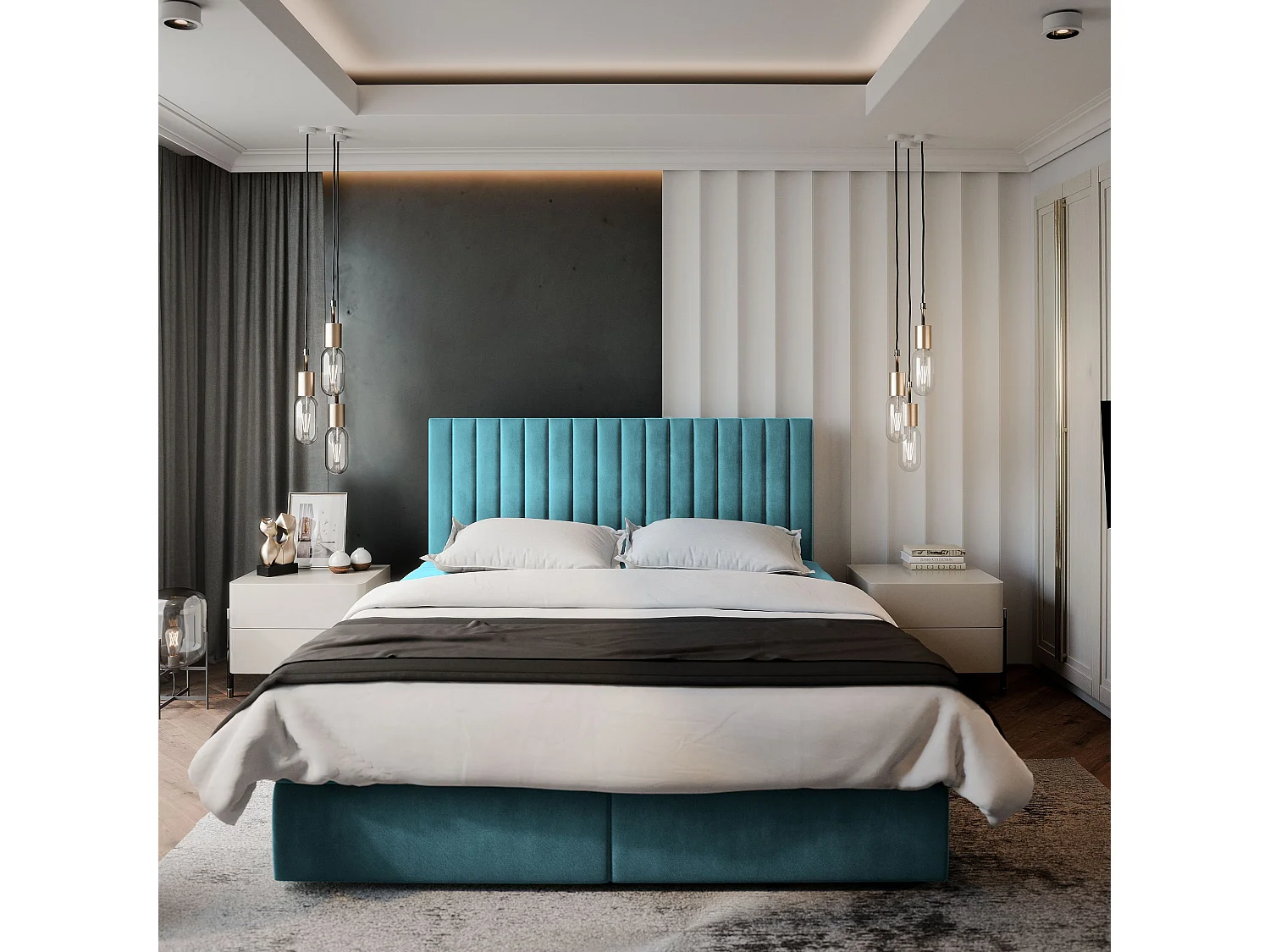 Boxspringbed BRESEL 160x200 cm Set met hoofdbord, bedbodem en matras, Groenblauw