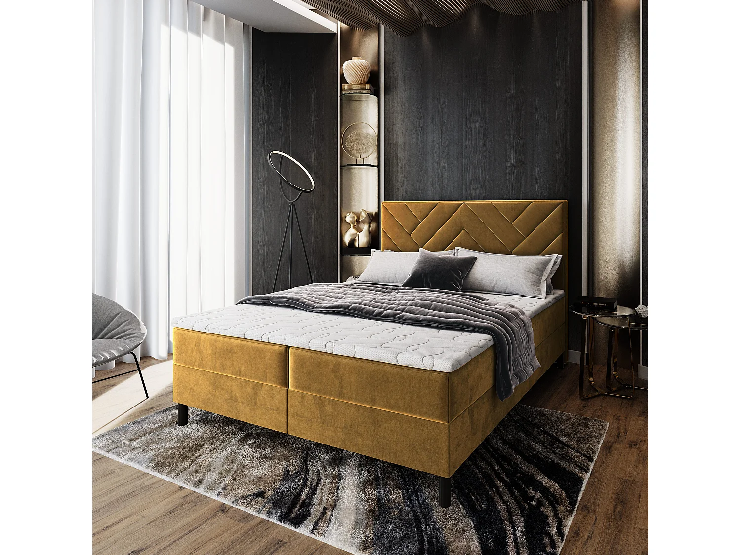 Boxspringbed ROKIS 180x200 cm Set met hoofdbord, bedbodem en matras, Geel