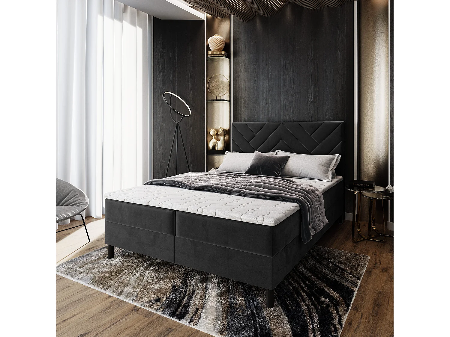 Boxspringbed ROKIS 140x200 cm Set met hoofdbord, bedbodem en matras, Zwart