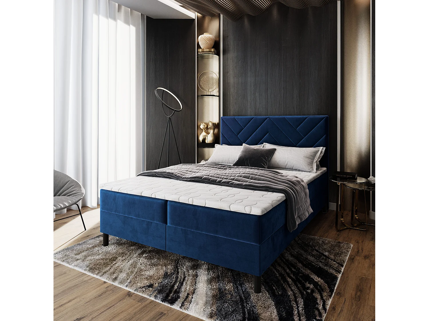 Boxspringbed ROKIS 140x200 cm Set met hoofdbord, bedbodem en matras, Blauw