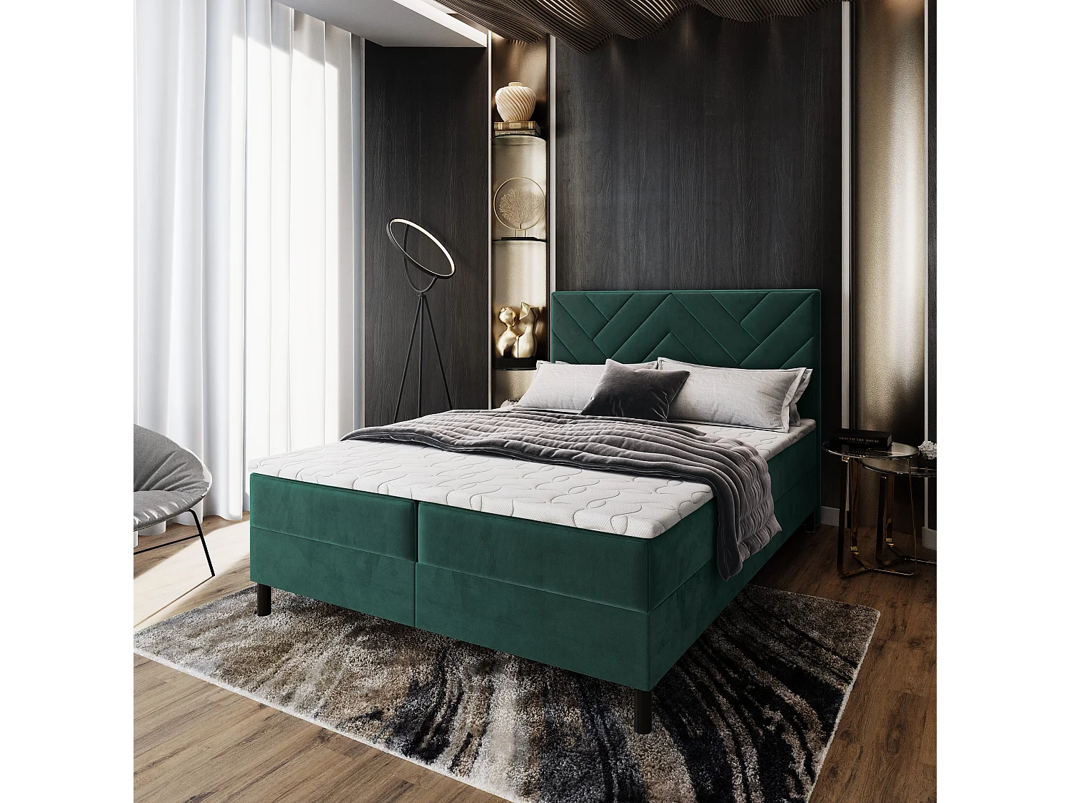 Boxspringbed ROKIS 160x200 cm Set met hoofdbord, bedbodem en matras, Dennengroen