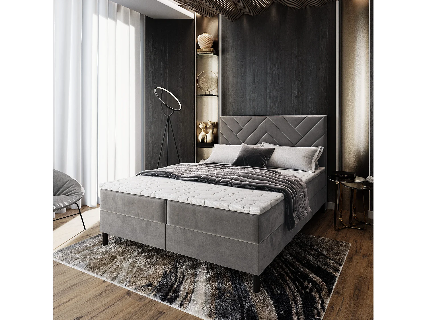 Boxspringbed ROKIS 180x200 cm Set met hoofdbord, bedbodem en matras, Grijs