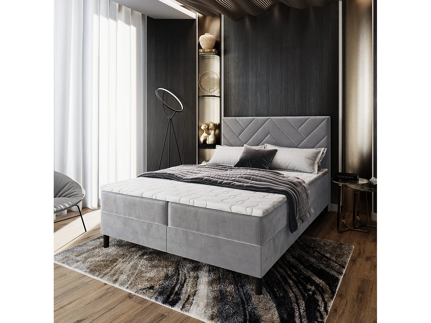 Boxspringbed ROKIS 160x200 cm Set met hoofdbord, bedbodem en matras, Lichtgrijs