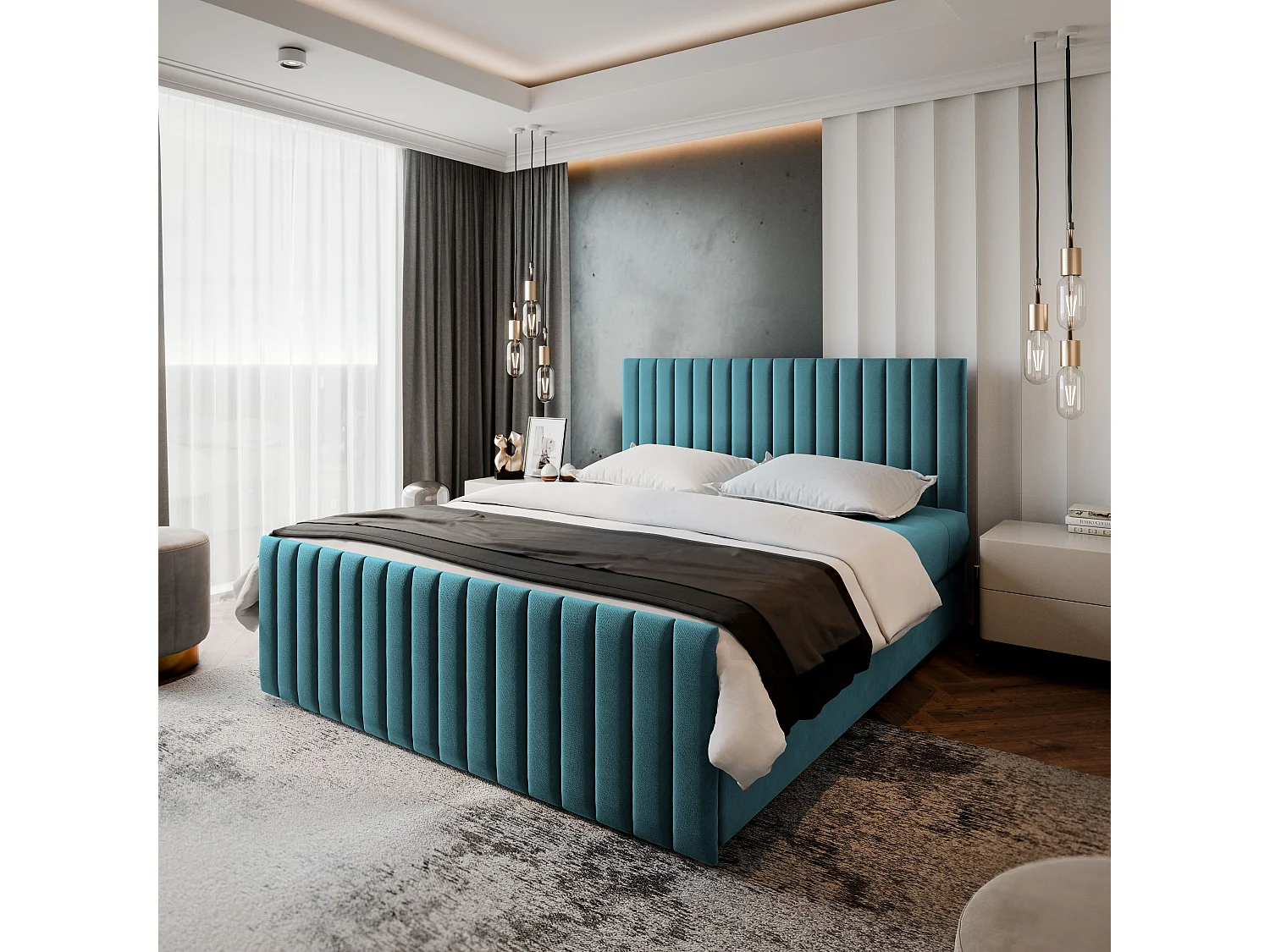 Boxspringbed ARION 140x200 cm Set met hoofdbord, bedbodem en matras, Groenblauw