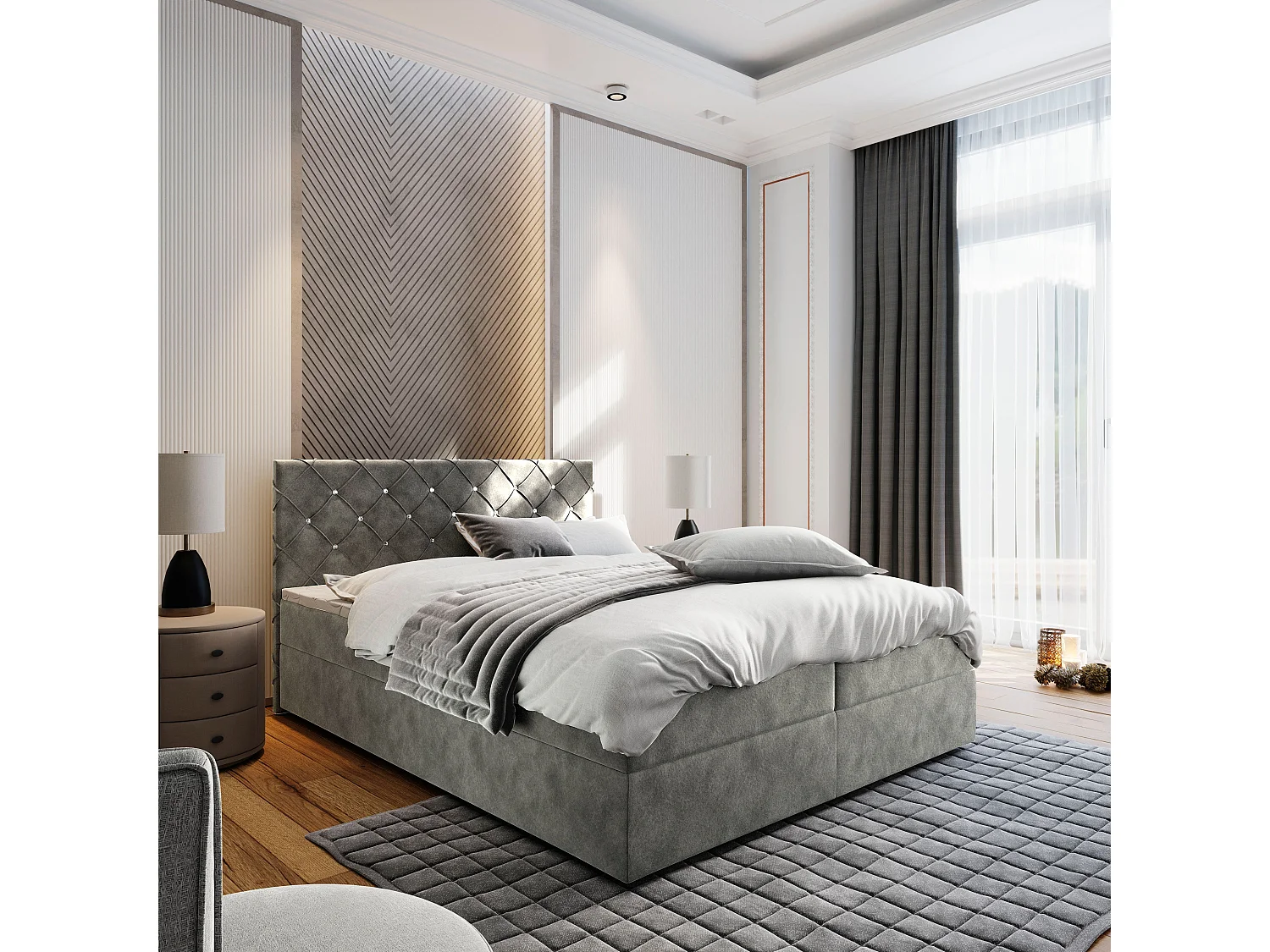 Boxspringbed RIVA 160x200 cm Set met hoofdbord, bedbodem en matras, Grijs