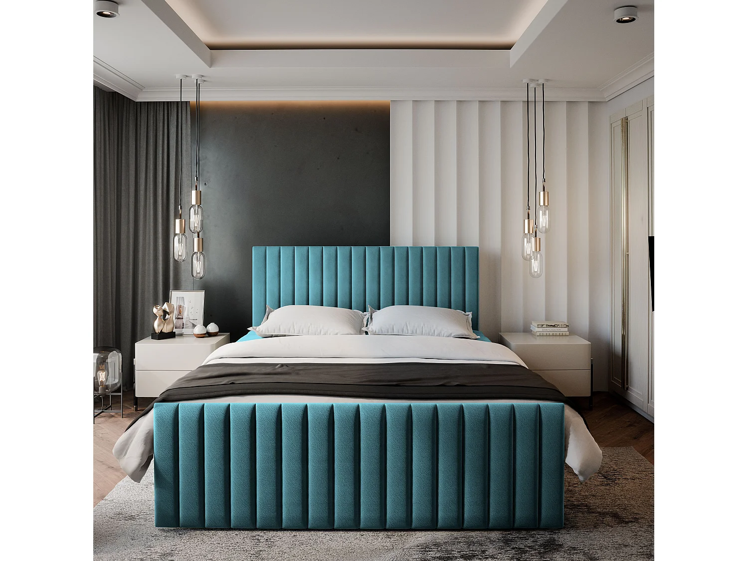 Boxspringbed ARION 180x200 cm Set met hoofdbord, bedbodem en matras, Groenblauw