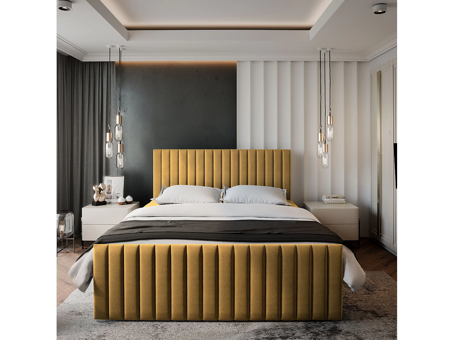 Boxspringbed ARION 160x200 cm Set met hoofdbord, bedbodem en matras, Geel