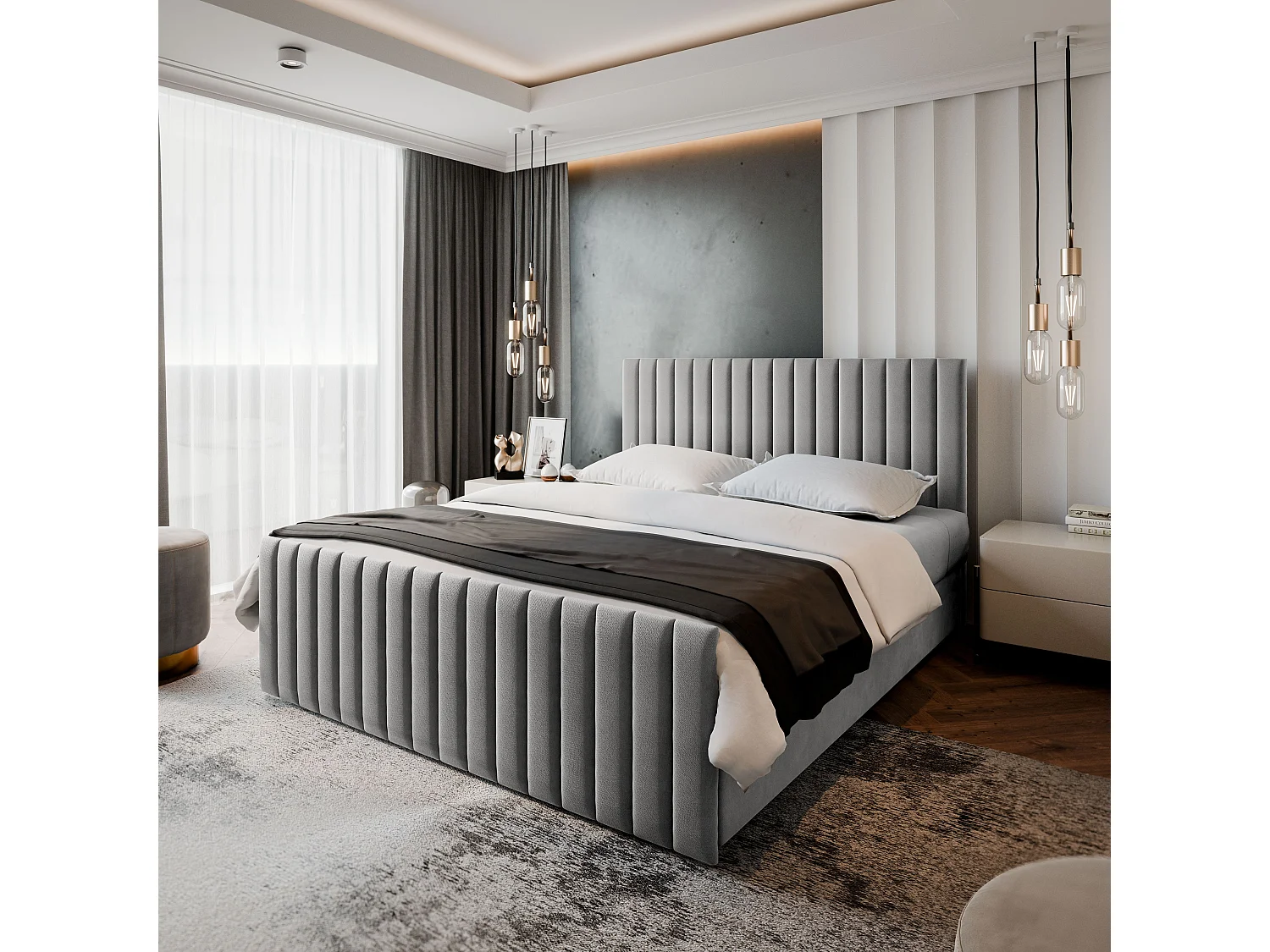 Boxspringbed ARION 140x200 cm Set met hoofdbord, bedbodem en matras, Lichtgrijs