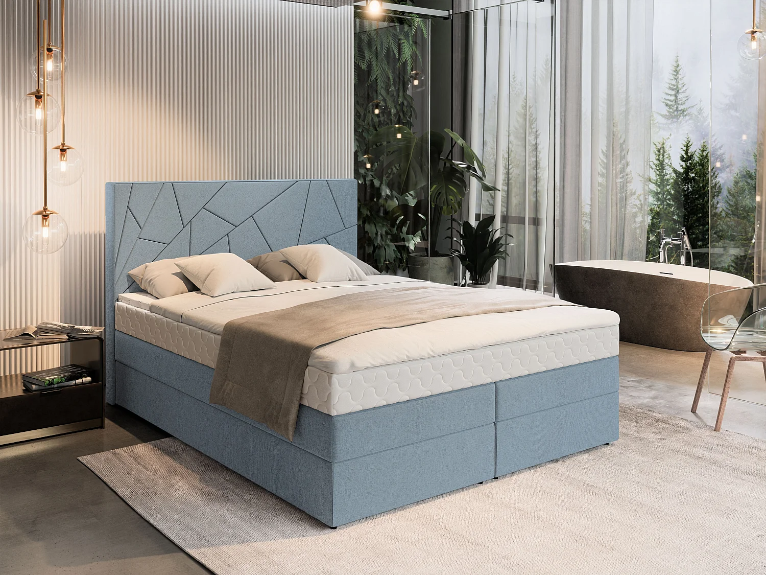 Boxspringbed TRANI 160x200 cm Set met hoofdbord, bedbodem en matras, Lichtblauw