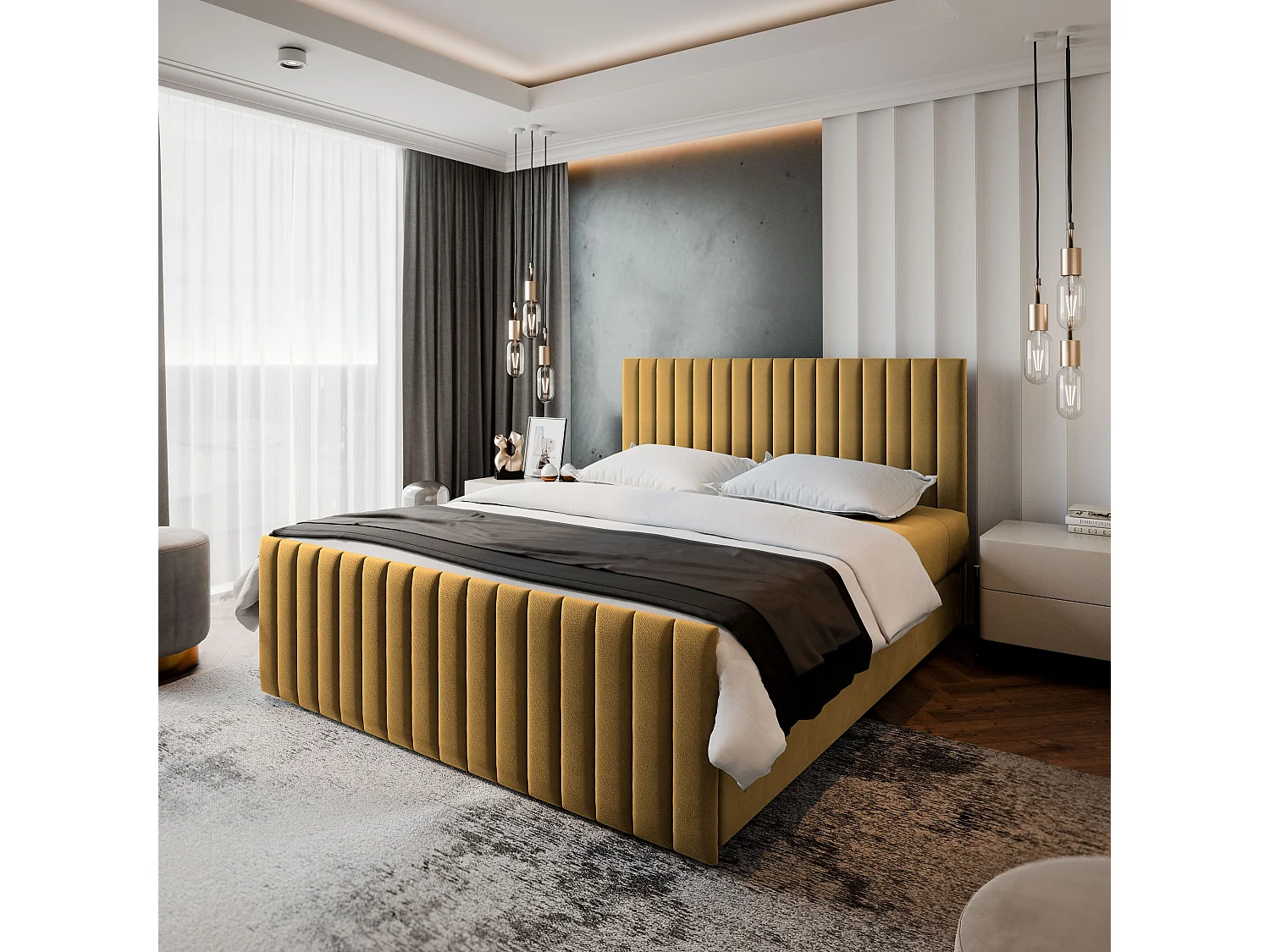 Boxspringbed ARION 140x200 cm Set met hoofdbord, bedbodem en matras, Geel