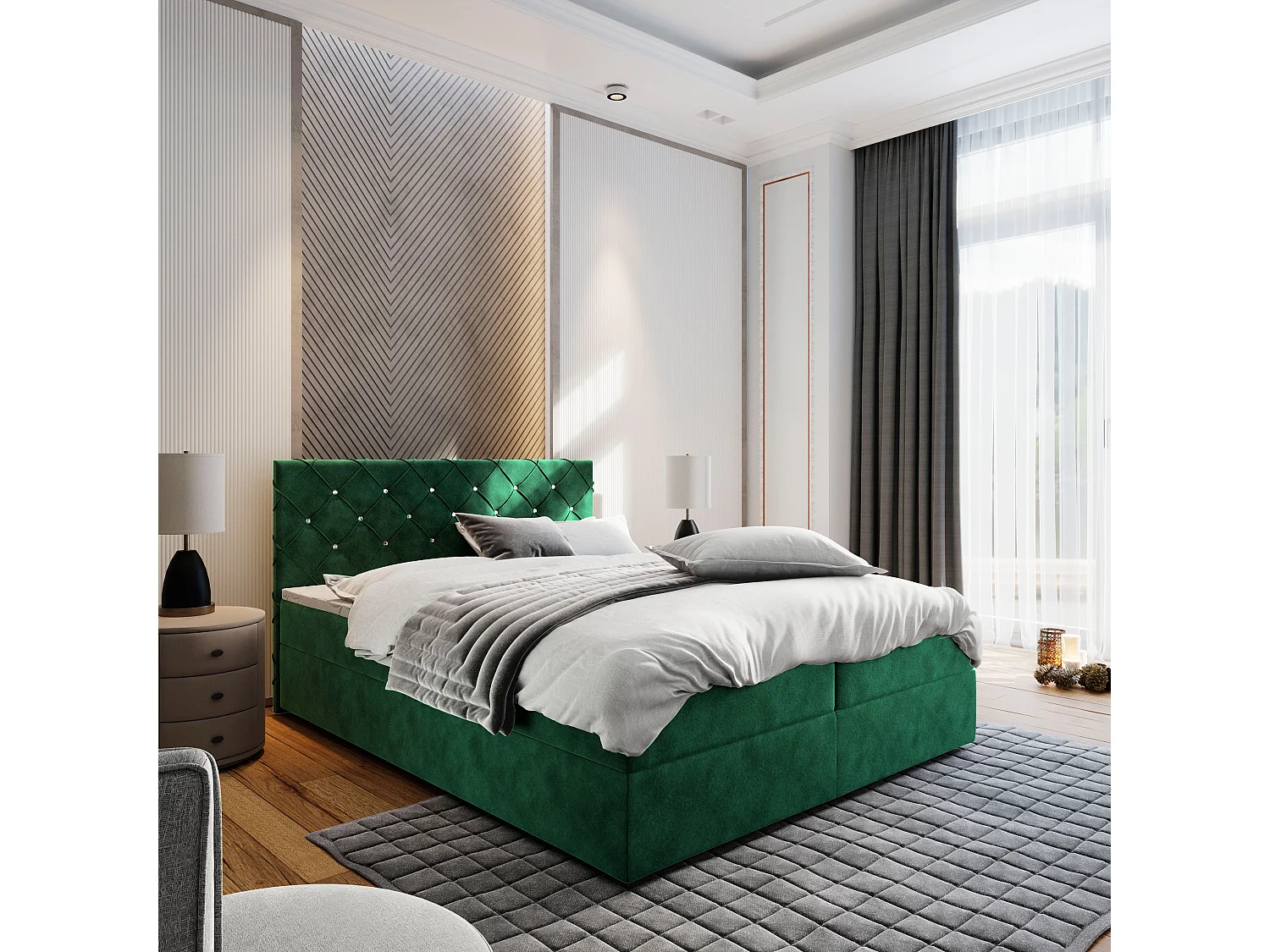 Boxspringbed RIVA 160x200 cm Set met hoofdbord, bedbodem en matras, Dennengroen