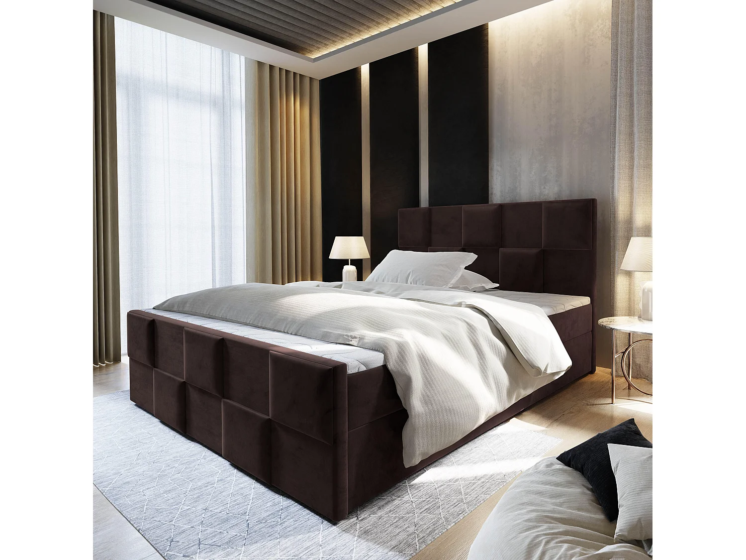 Boxspringbed MONA 140x200 cm Set met hoofdbord, bedbodem en matras, Bruin