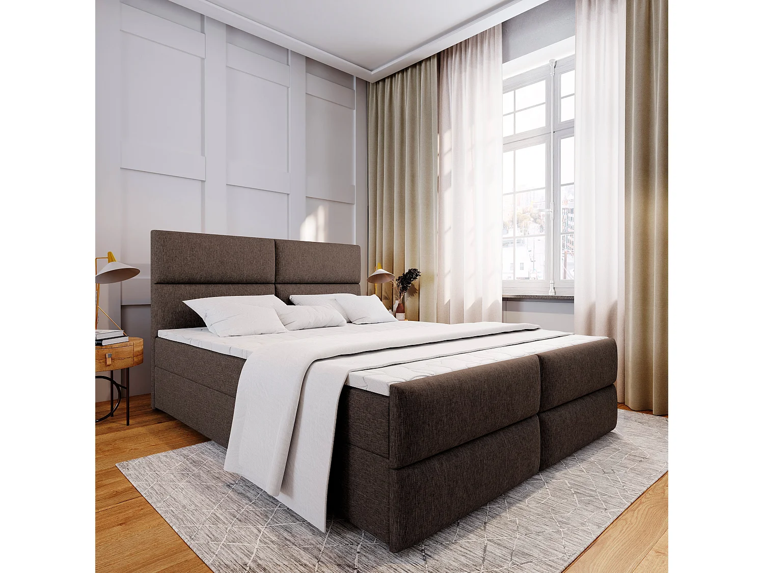 Boxspringbed MULEN 180x200 cm Set met hoofdbord, bedbodem en matras, Bruin