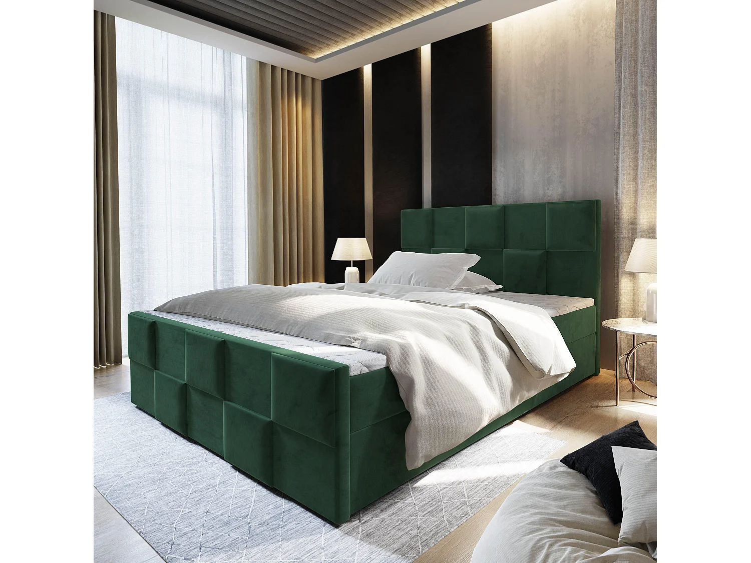 Boxspringbed MONA 160x200 cm Set met hoofdbord, bedbodem en matras, Dennengroen