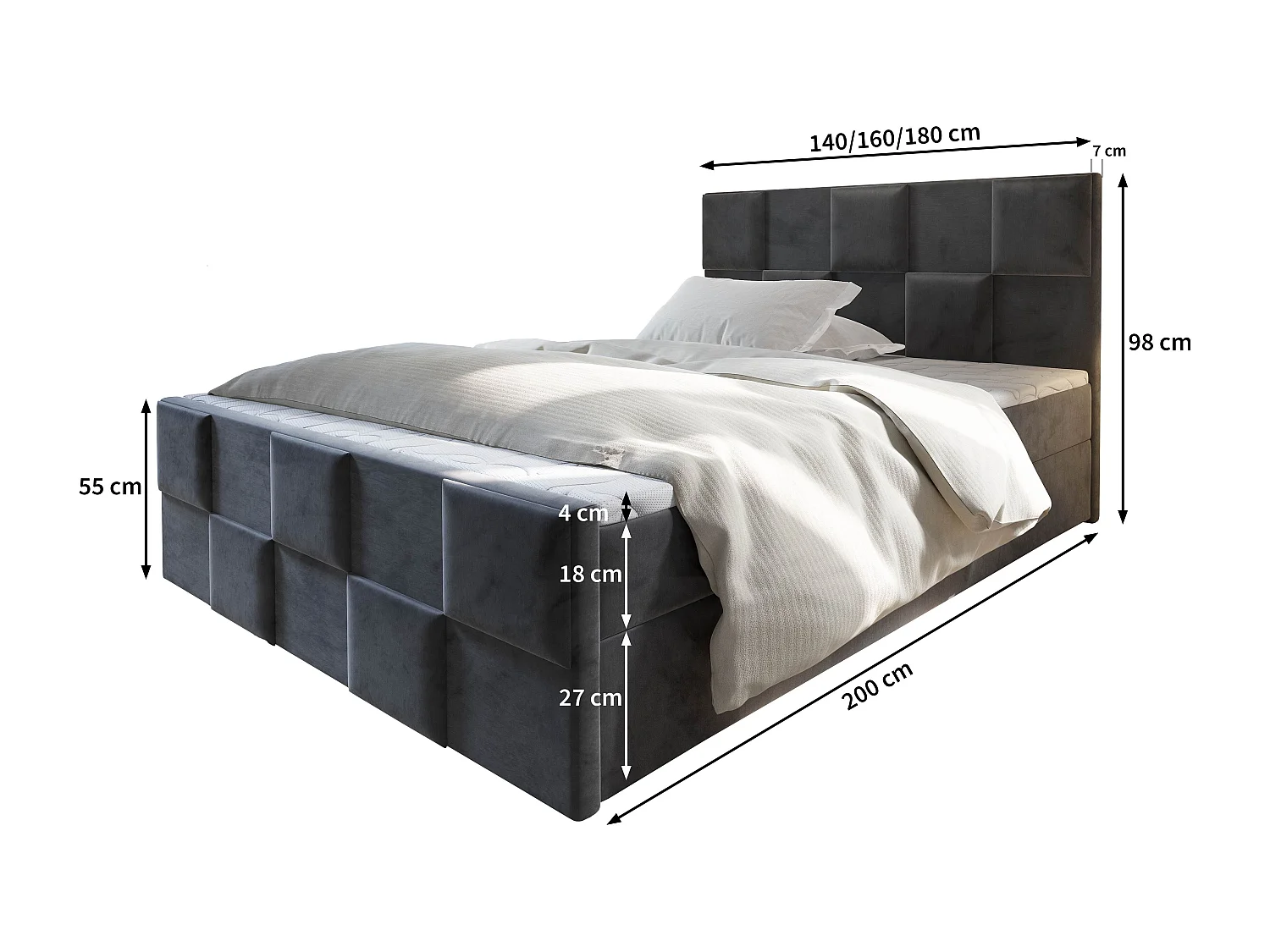 Boxspringbed MONA 180x200 cm Set met hoofdbord, bedbodem en matras, Zwart