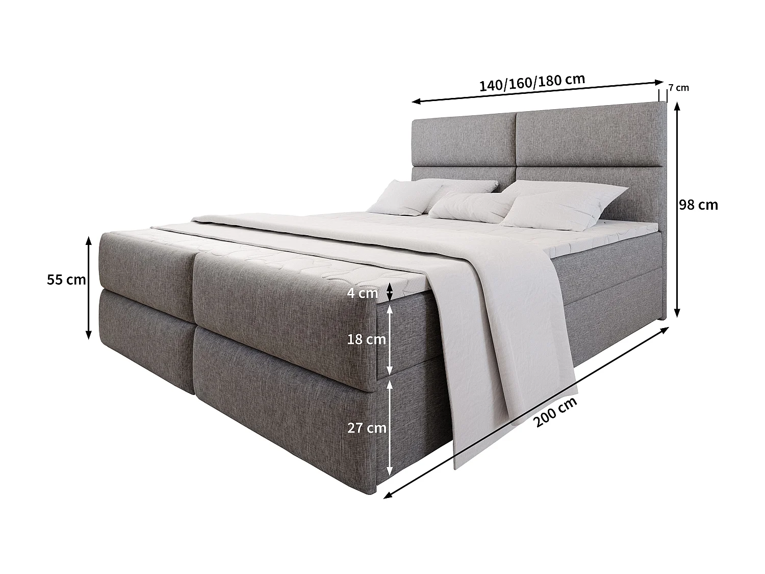 Boxspringbed MULEN 180x200 cm Set met hoofdbord, bedbodem en matras, Lichtgrijs