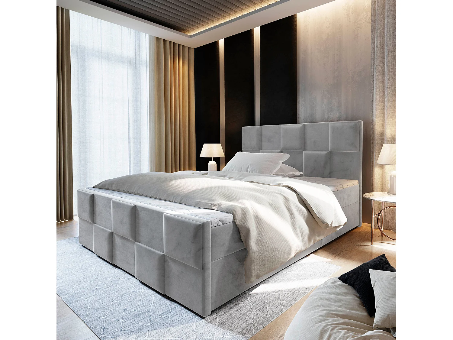 Boxspringbed MONA 180x200 cm Set met hoofdbord, bedbodem en matras, Lichtgrijs