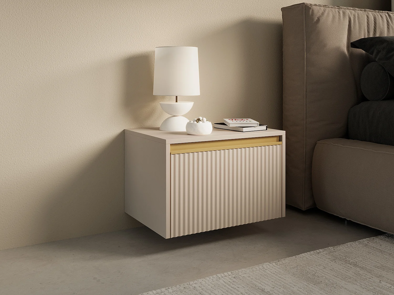 Lot de 2 tables de chevet suspendues ou à poser avec 1 tiroir - MDF - Beige et doré - POSINIA de Pascal Morabito