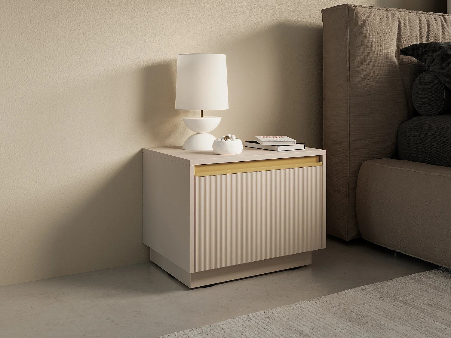 Lot de 2 tables de chevet suspendues ou à poser avec 1 tiroir - MDF - Beige et doré - POSINIA de Pascal Morabito