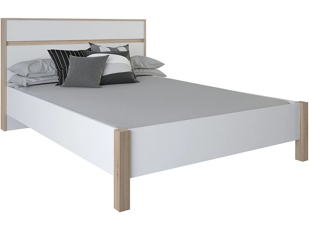 Cama de Diseño Moderno 140x190 cm Roble y Blanco MALIA