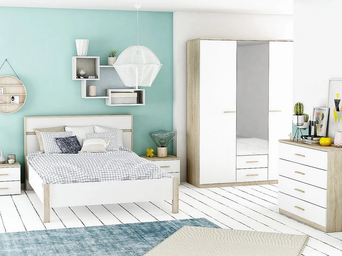 Cama de Diseño Moderno 140x190 cm Roble y Blanco MALIA