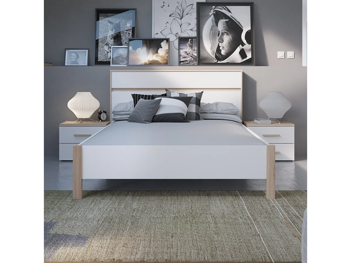 Lit couchage 140x190 cm décor chêne et blanc mat  MALIA