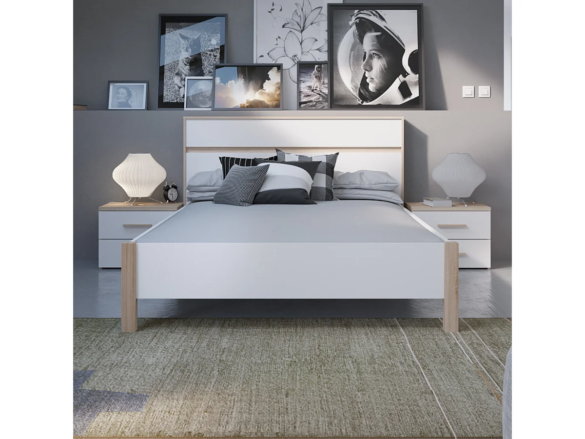 Cama de Diseño Moderno 140x190 cm Roble y Blanco MALIA