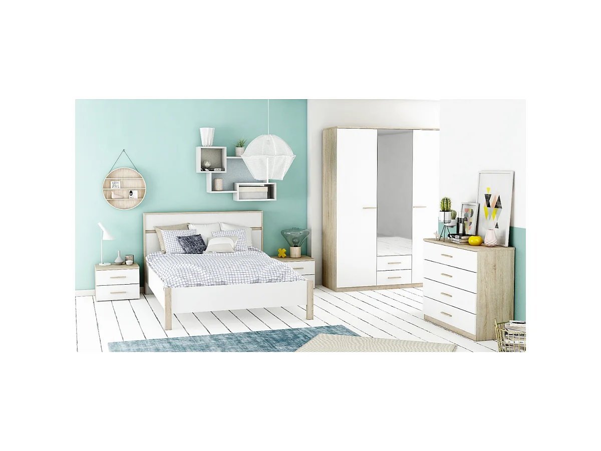 Cama de Diseño Moderno 140x190 cm Roble y Blanco MALIA