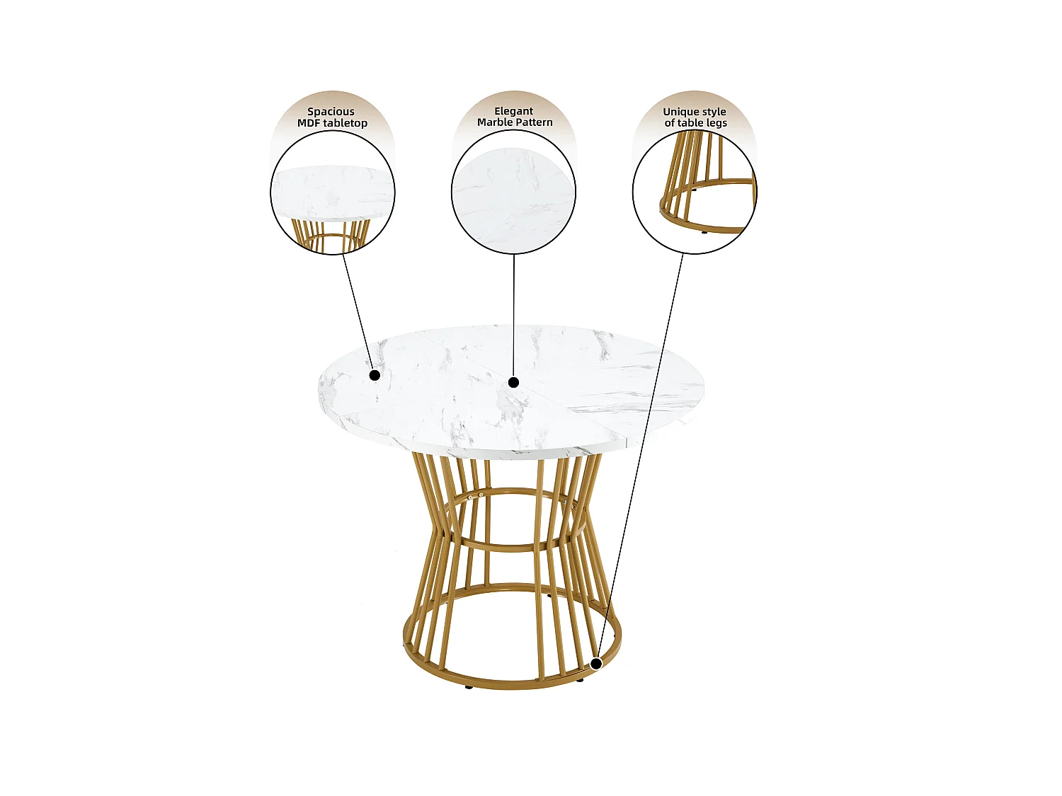 Runder Esstisch – Metallstruktur – Furnier mit Marmormuster – Weiß und Gold