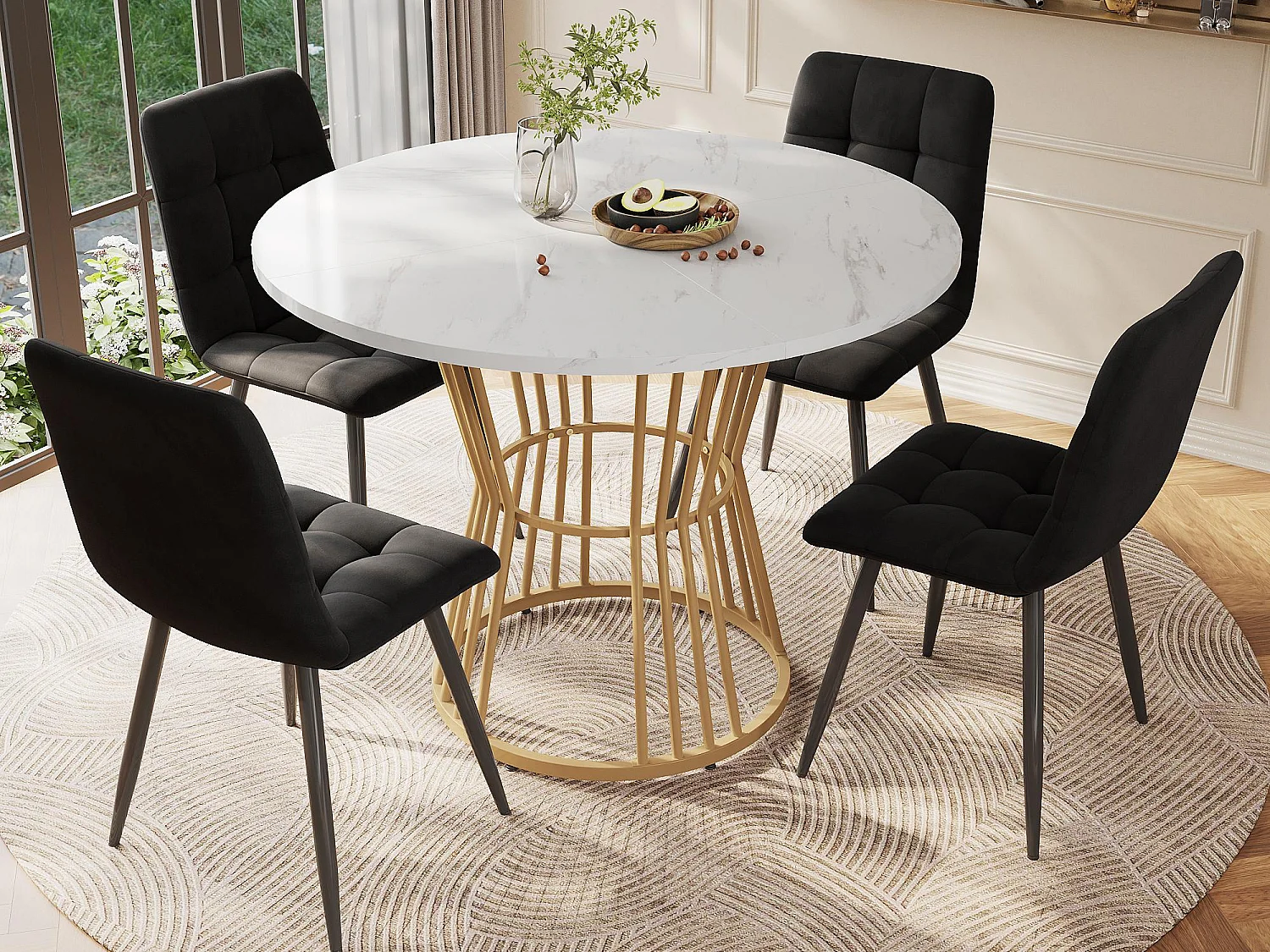 Ronde eettafel - metalen structuur - marmerpatroon fineer - Wit & Goud