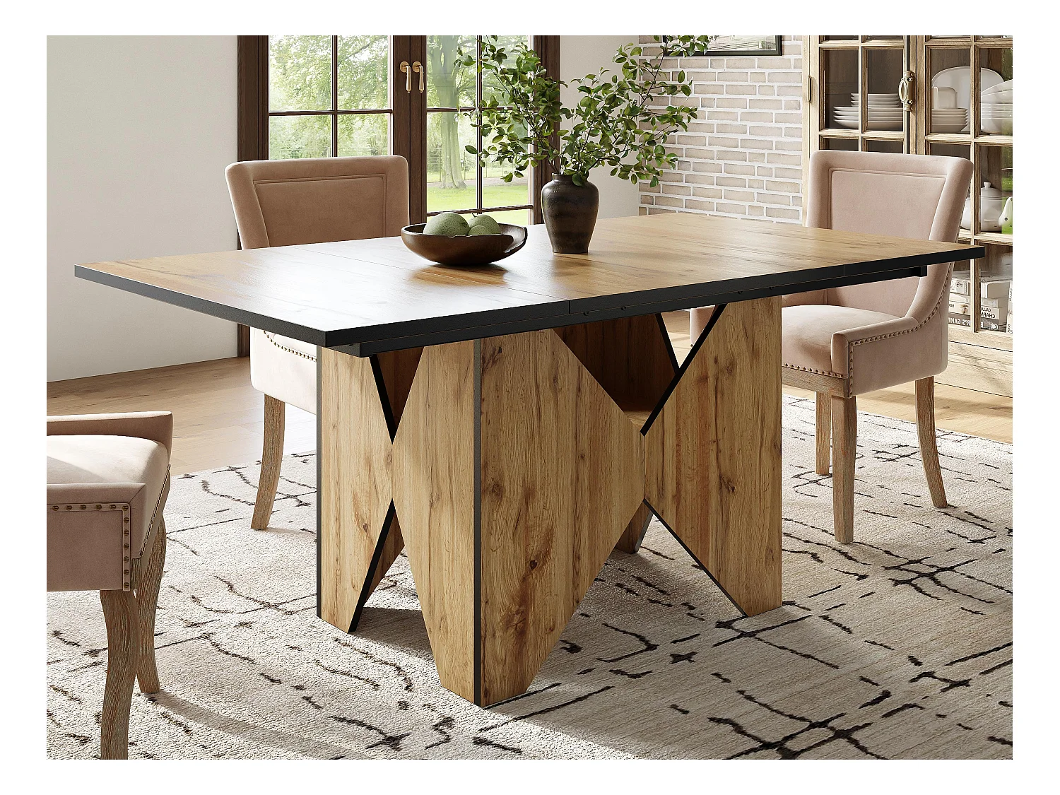 Table à manger 4 à 6 personnes en MDF - effet grain de bois - Marron clair