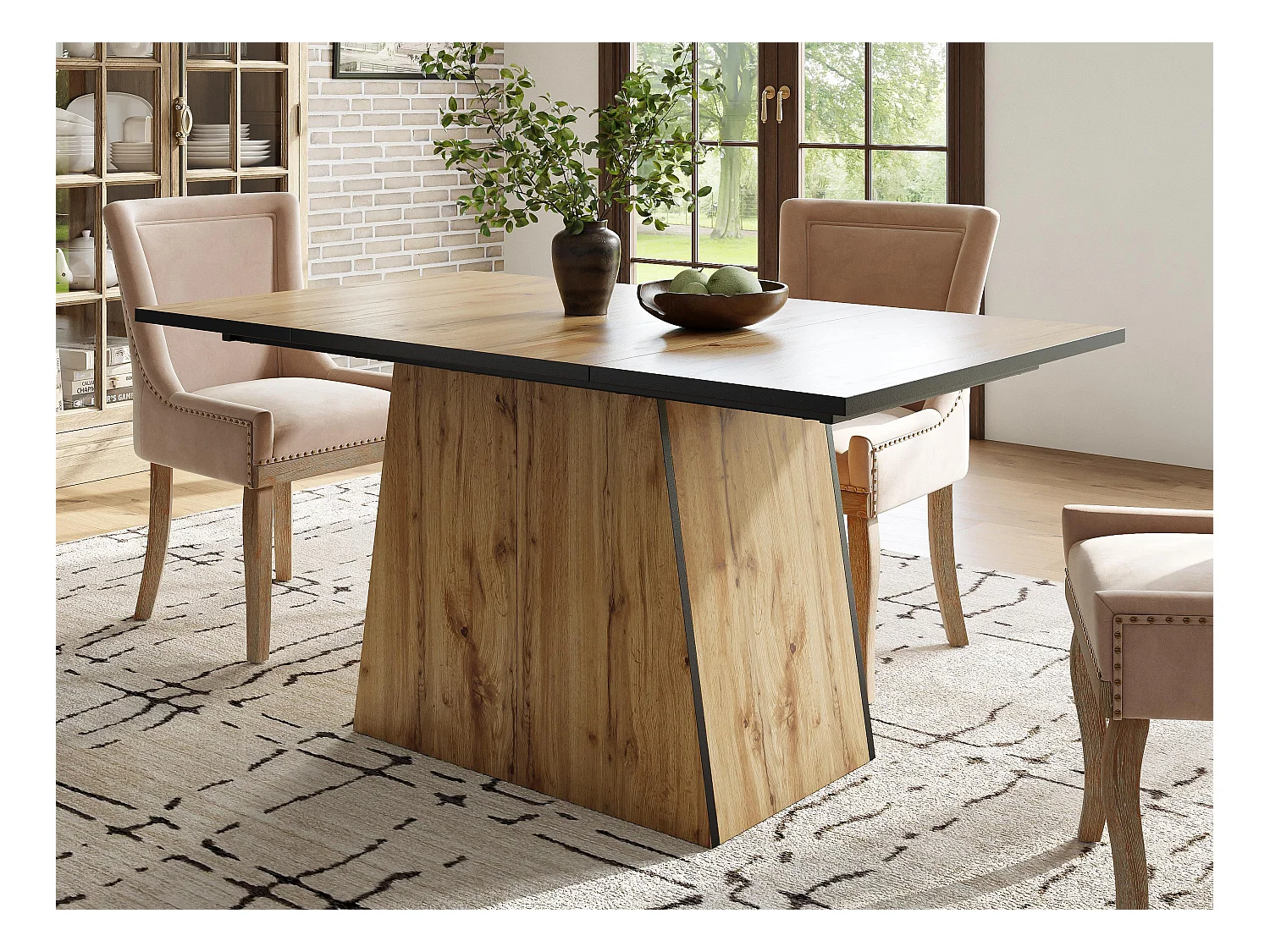 Table à manger 4 à 6 personnes en MDF - effet grain de bois - Marron clair