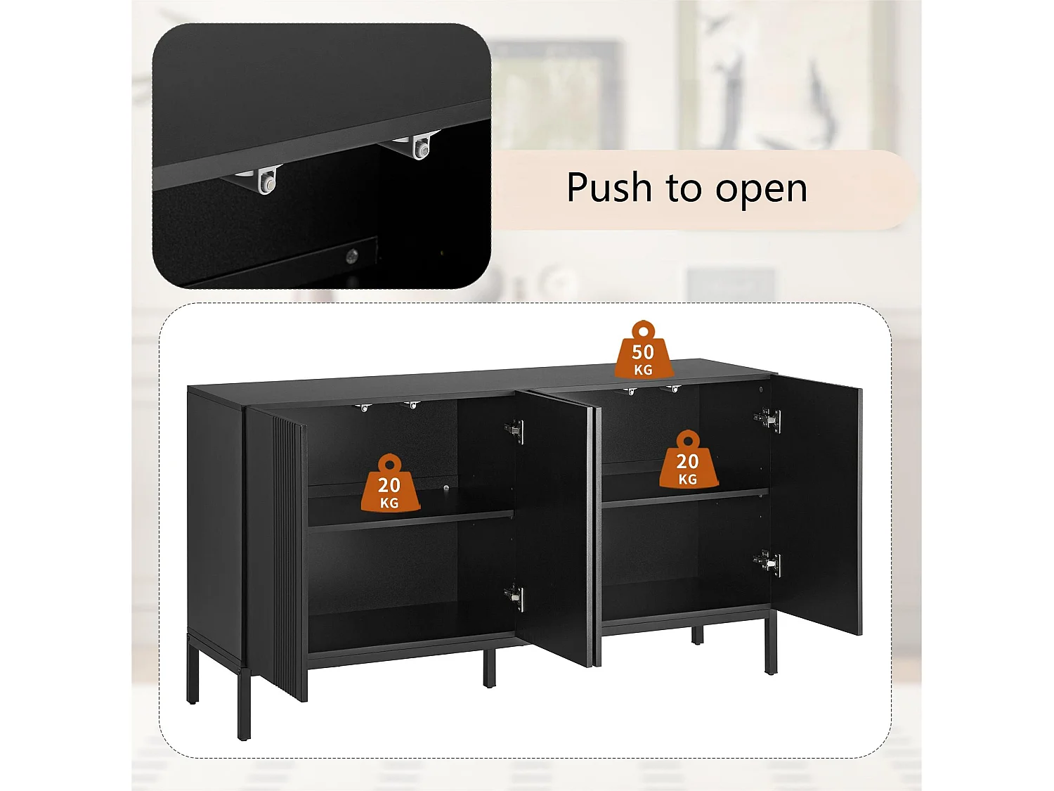 Credenza con 4 ante e ripiani regolabili - strisce verticali - Nero